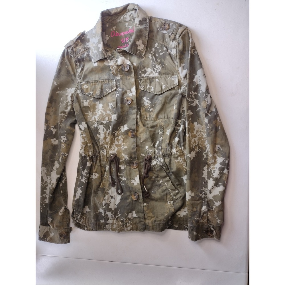 Aeropostale Womens Green Floral Camo Utility Jacket Button Up Drawstring Small - Picture 1 of 6